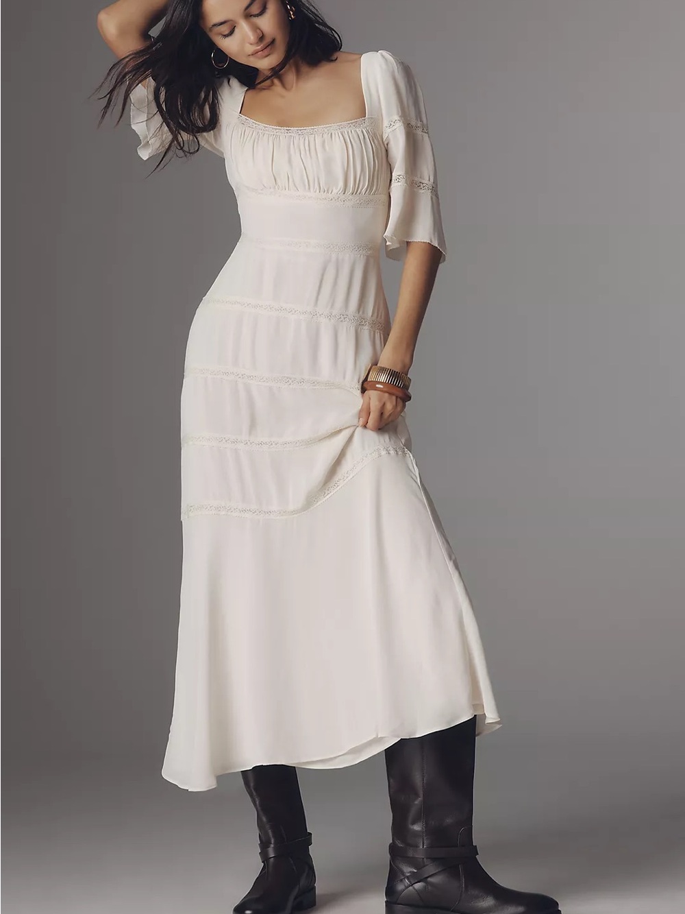 Reformation Laverna Smocked Bell-Sleeve Midi Dress in Cream - Picture 2 of 9